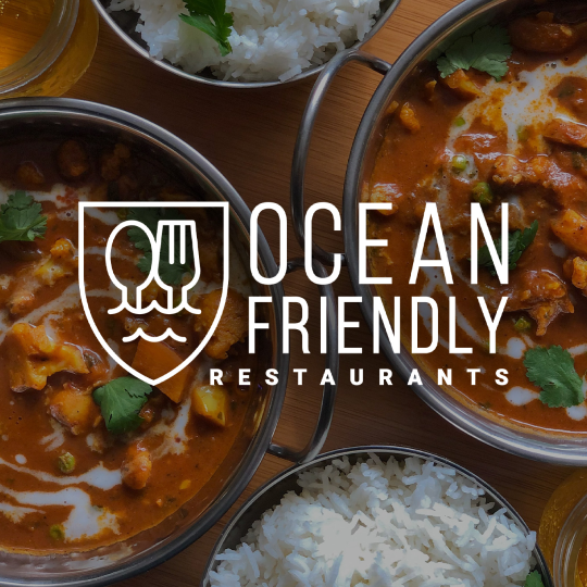 Ocean Friendly Restaurants logo over bowls of freshly made food